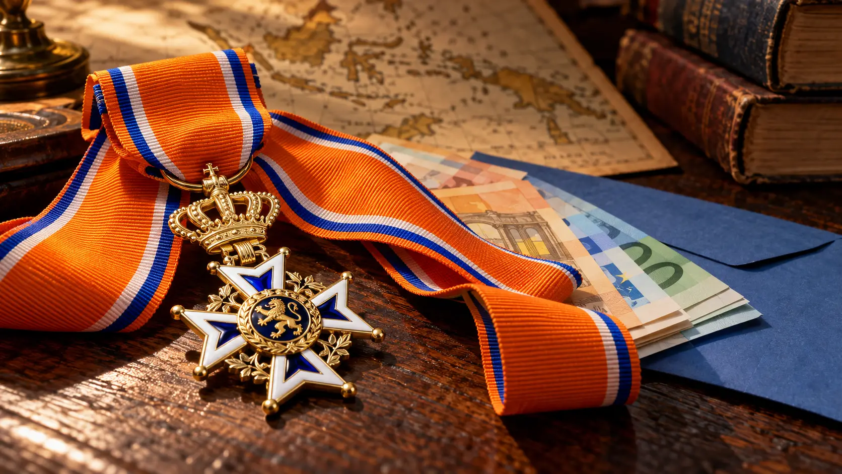 Ridderkruis van de Orde van Oranje-Nassau op eurobiljetten en een blauwe envelop, symbool voor de roep om herstelbetalingen