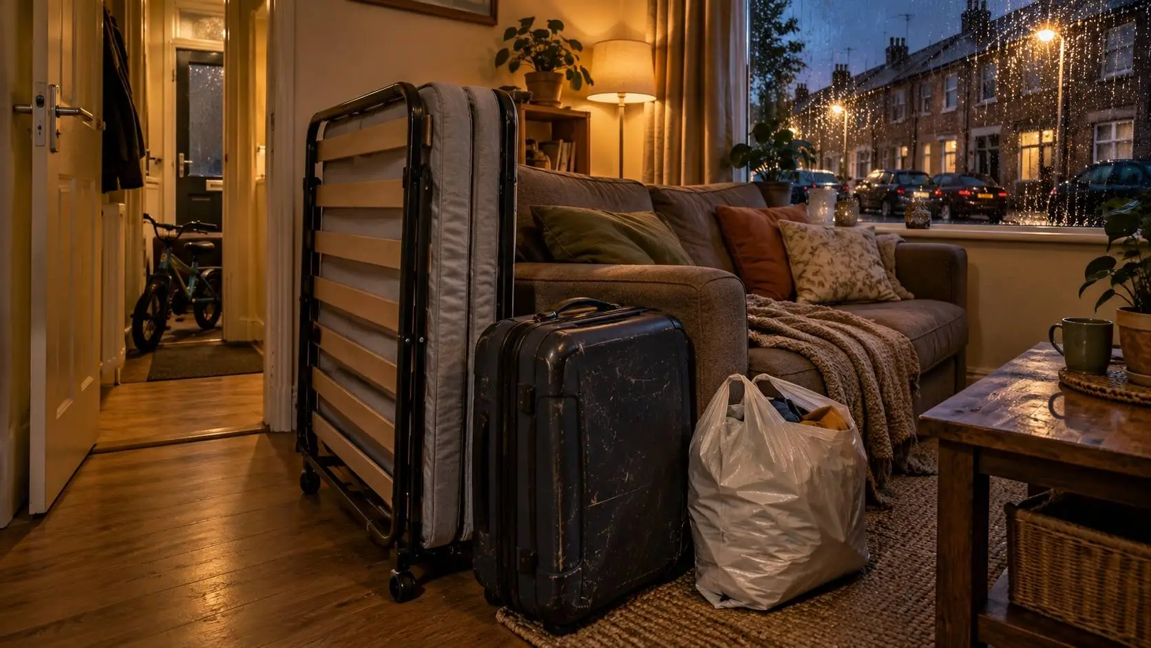 Krappe woonkamer met een opgeklapt logeerbed, versleten koffer en plastic tas naast de bank, een kinderfietsje in de gang en regen buiten.