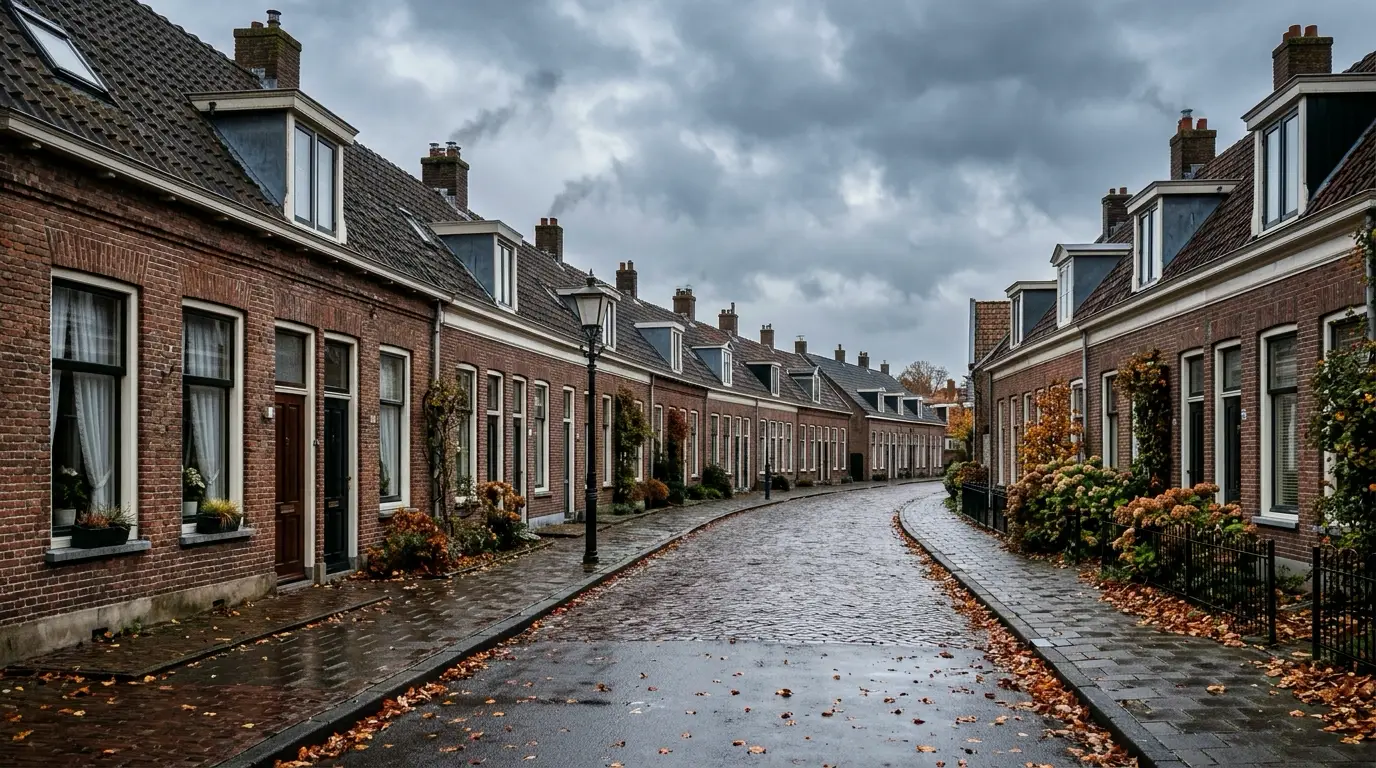 Oudere bakstenen rijtjeshuizen in een Noord-Nederlandse straat op een grijze herfstochtend