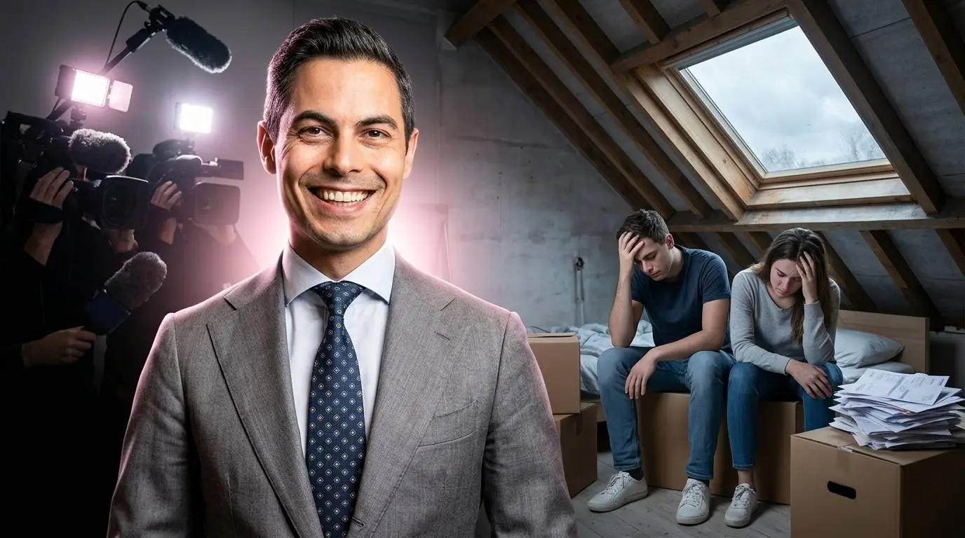 D66-premier Rob Jetten lachend voor camera's, terwijl een jong stel tussen verhuisdozen op een zolderkamer zit