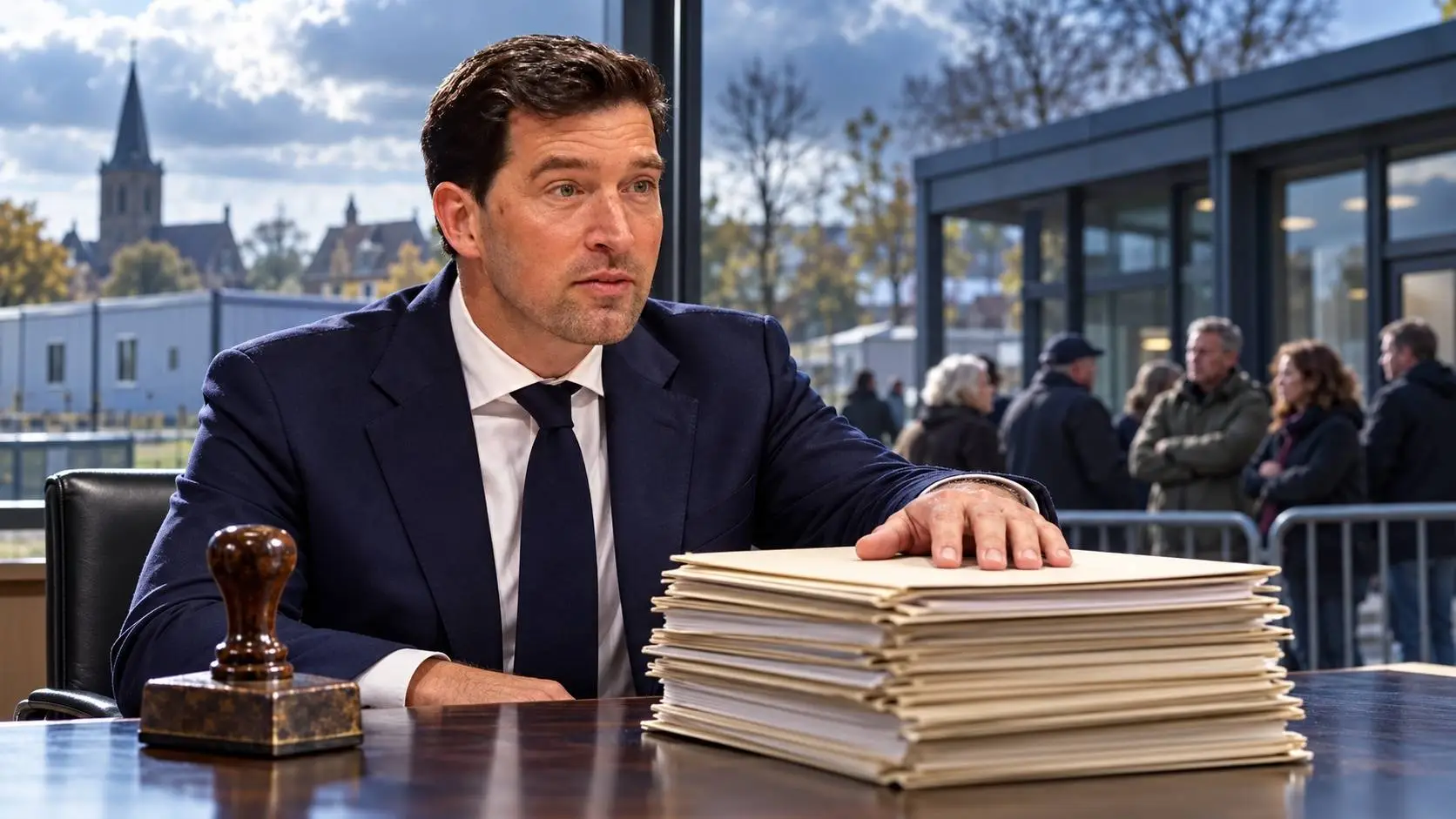 AI-illustratie van Robert van Asten met dossiers en een stempel, met wachtende inwoners en een opvanggebouw op de achtergrond.