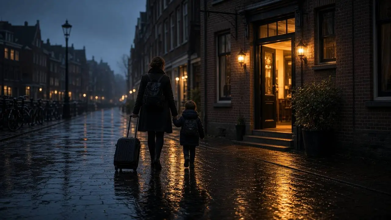 Een moeder en een klein kind lopen van achteren gezien met een rolkoffer door een natte straat naar een verlichte hotelingang (AI-beeld)