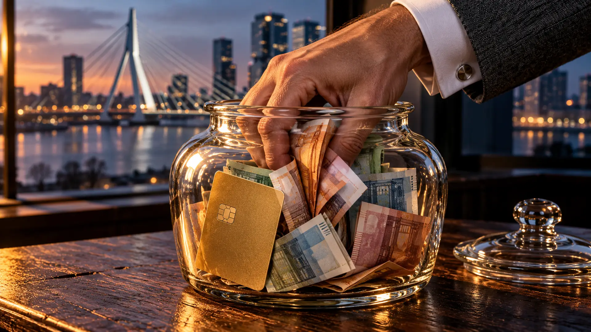 Hand grijpt in een glazen suikerpot vol eurobiljetten en een goudkleurige betaalpas, met de Erasmusbrug op de achtergrond.