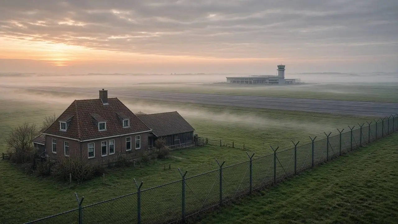 Boerderij in een mistige polder met een beveiligingshek en daarachter een lege landingsbaan en terminal