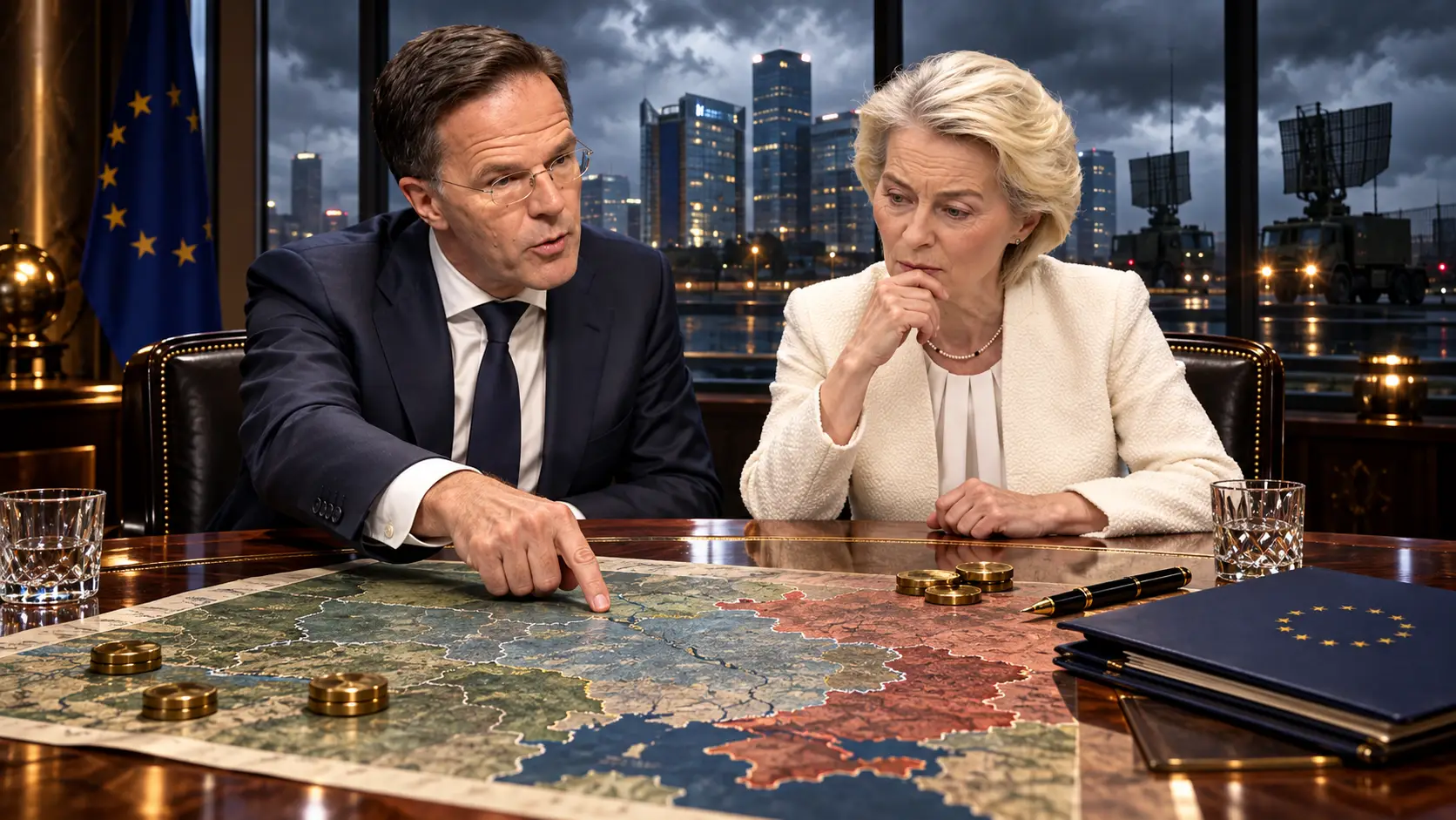 Illustratie van Mark Rutte en Ursula von der Leyen aan een vergadertafel met een kaart van Oost-Europa en radarvoertuigen op de achtergrond.
