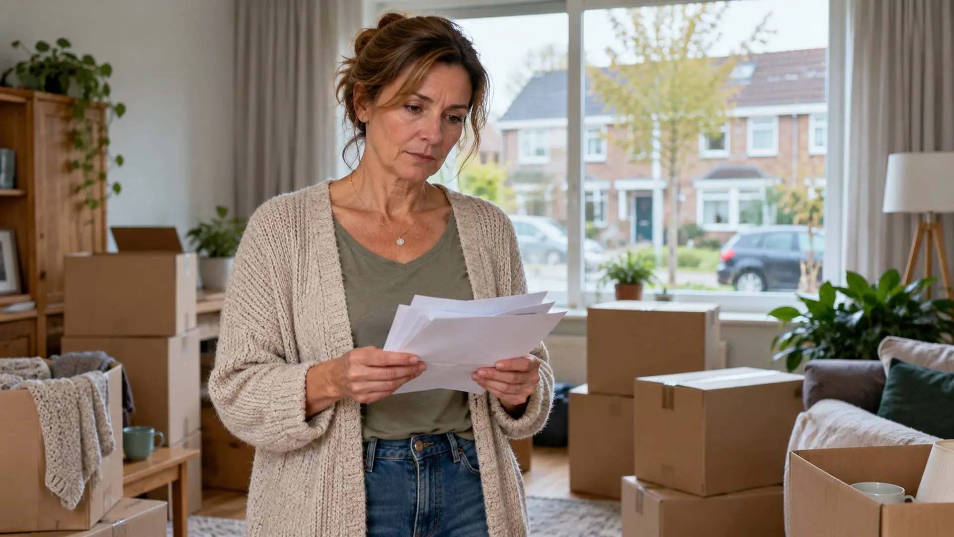 Vrouw met papieren in haar hand staat tussen verhuisdozen in de woonkamer