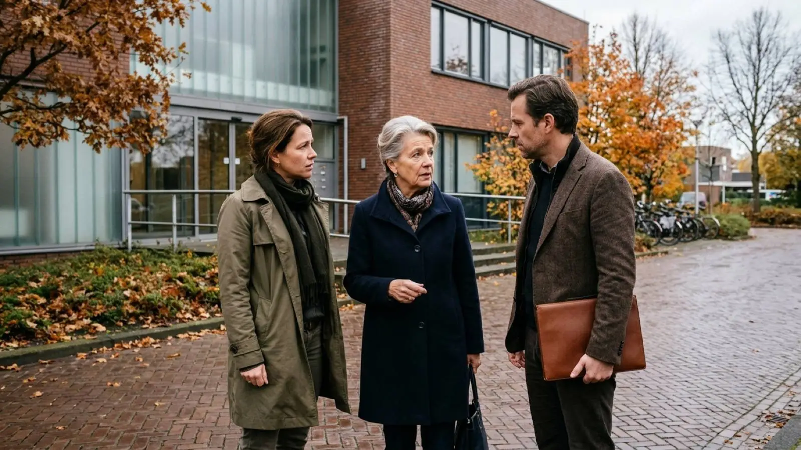 Oudere Nederlandse moeder overlegt buiten voor een bedrijfspand met haar volwassen zoon en dochter over een schenking.