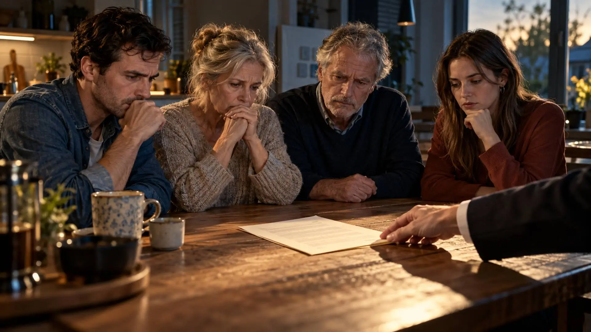 Bezorgde ouders en volwassen kinderen aan een keukentafel, terwijl een hand in een donkere mouw naar een notarisakte reikt
