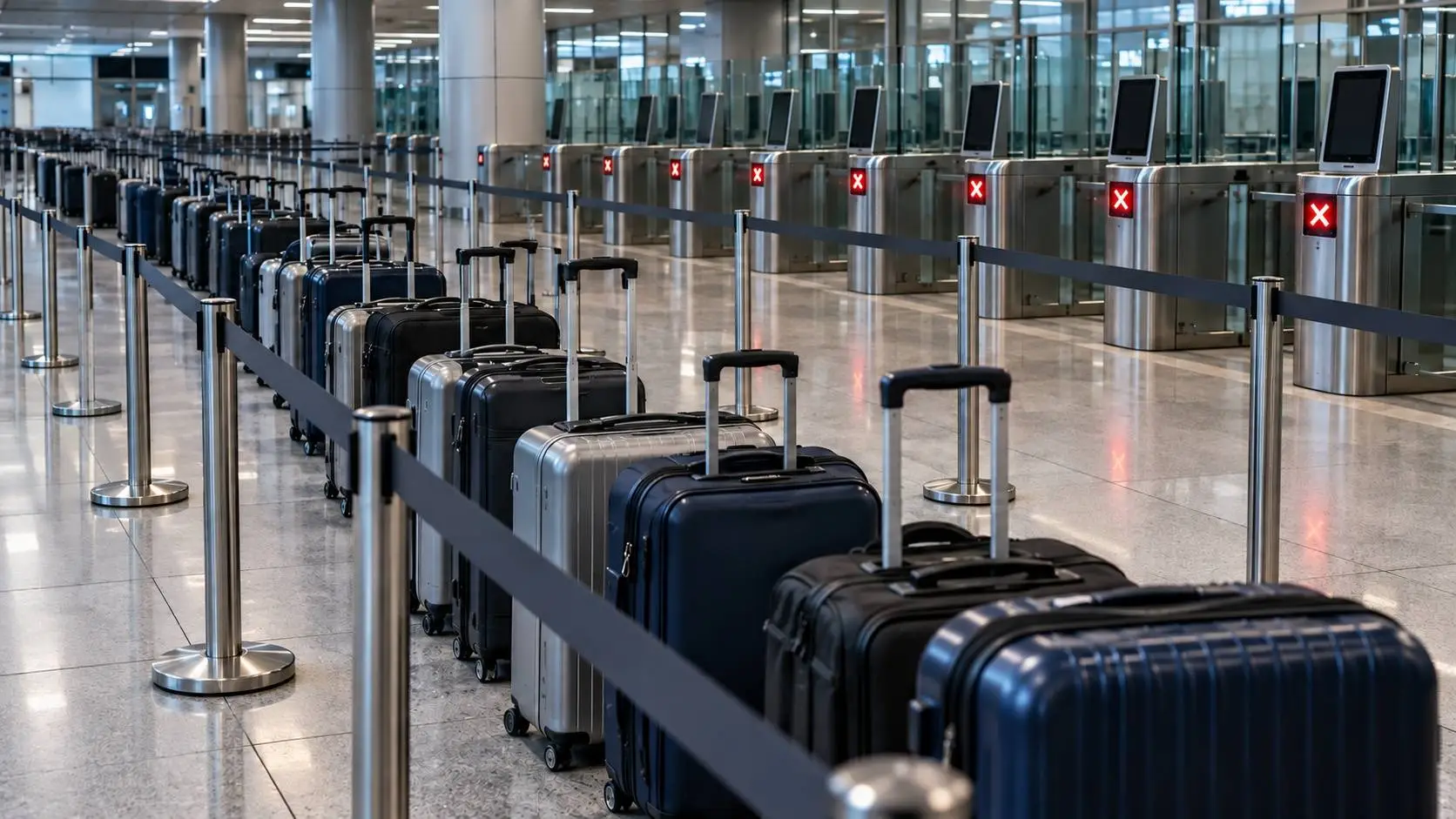 Uitgeschakelde paspoortpoortjes op een luchthaven met rode kruislampjes en een lange rij koffers tussen afzetlinten.