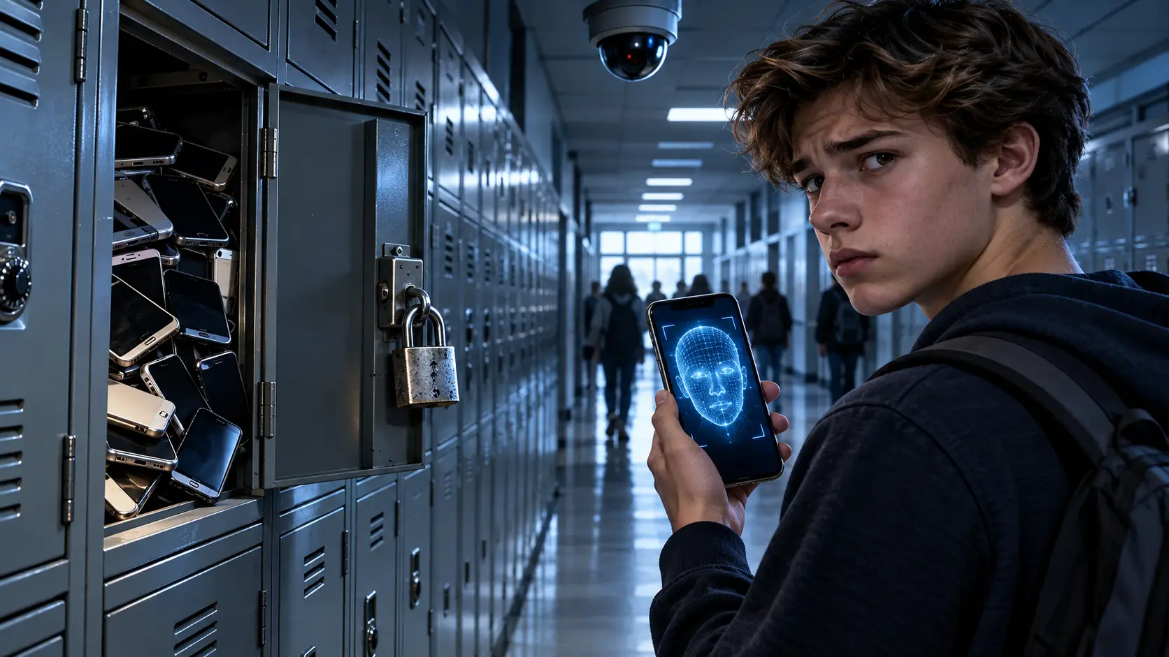 Schoolgang met een kluisje vol telefoons en een tiener met een gezichtsscan op het scherm: kabinet wil telefoonverbod en leeftijdscheck