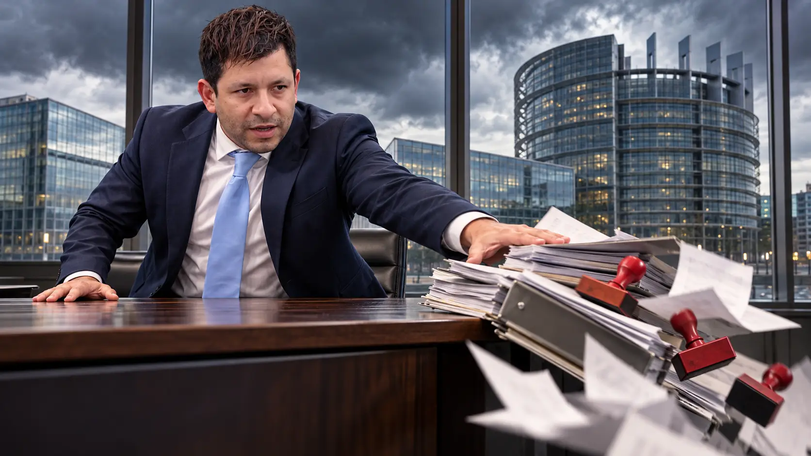 Illustratie van Sebastian Kruis die wetsdossiers en rode stempels van zijn bureau schuift, met Europese gebouwen onder dreigende wolken op de achtergrond.