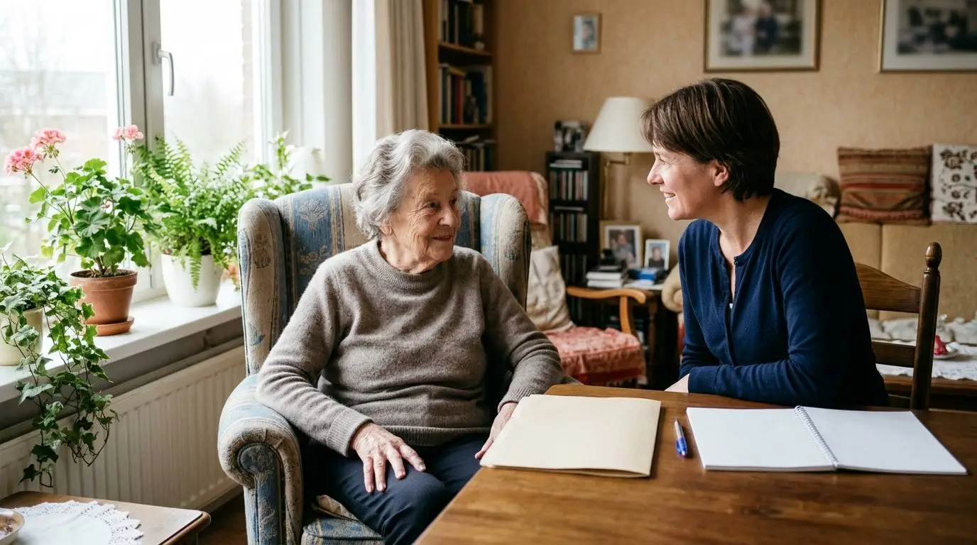 Oudere vrouw in een woonzorgappartement bespreekt aan tafel de zorgadministratie met haar volwassen dochter.