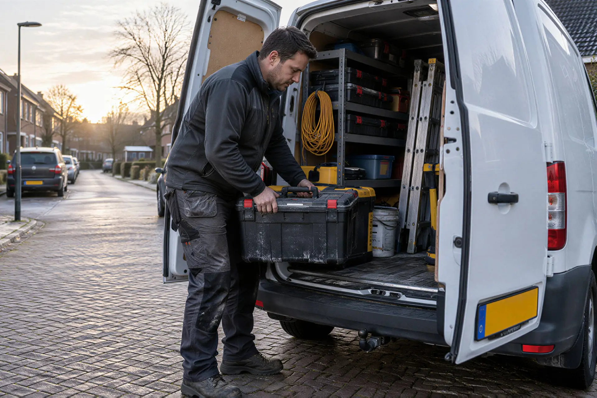 en zelfstandig installateur die gereedschap uit zijn bestelbus haalt voor een opdracht.
