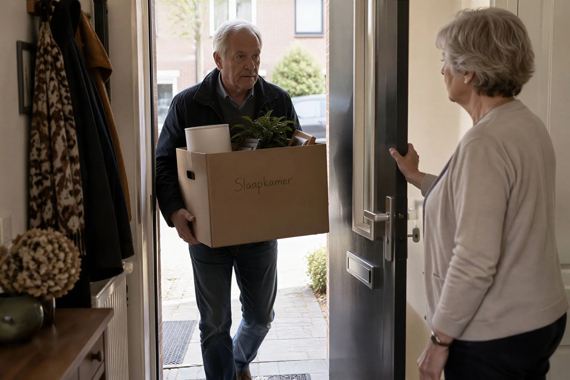 Oudere man komt met verhuisdoos binnen bij een vrouw van zijn leeftijd