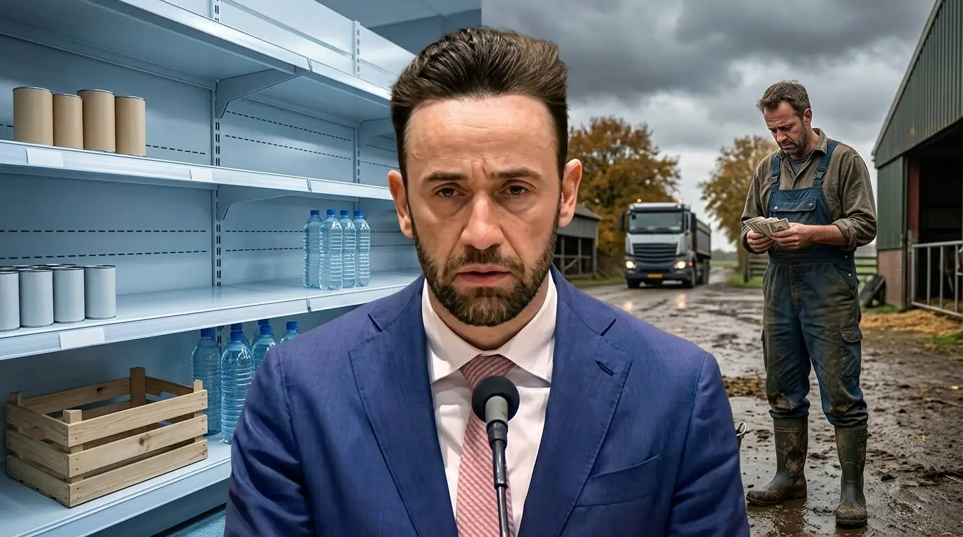 Illustratie van staatssecretaris Silvio Erkens tussen een halfleeg supermarktschap met noodblikken en een Nederlandse veehouder met een stapel zware rekeningen.