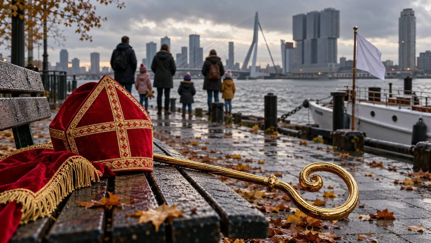 AI-illustratie van een rode mijter en gouden staf op een bankje aan een Rotterdamse kade, met wachtende gezinnen op de achtergrond.