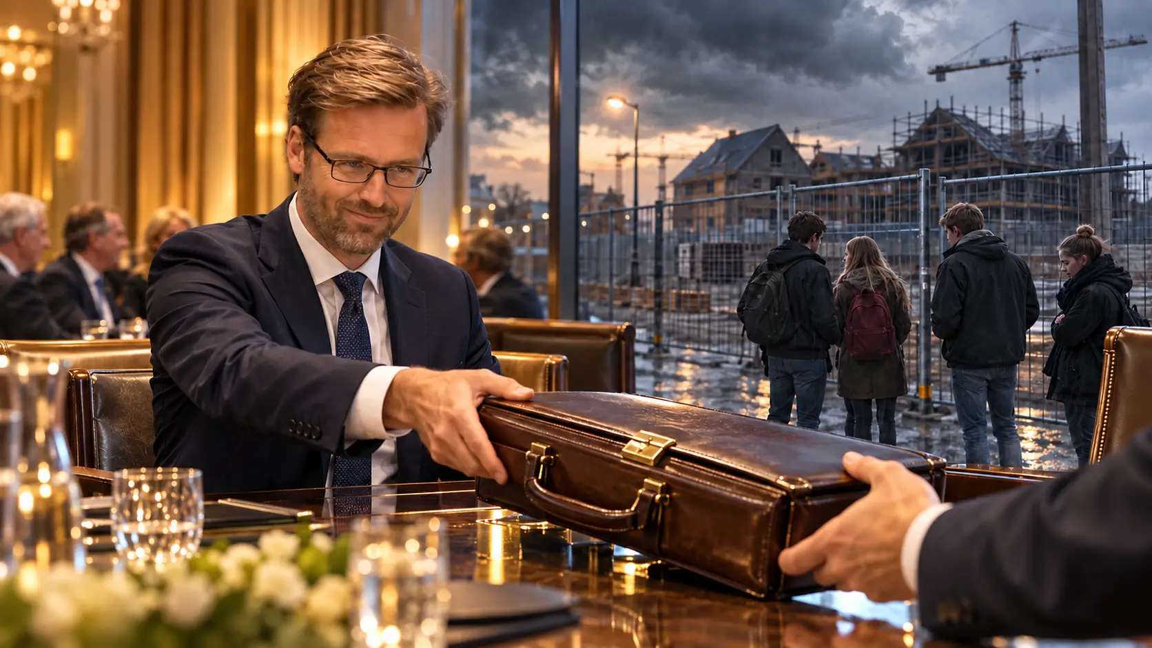 Illustratie van Sjoerd Sjoerdsma die een diplomatentas overhandigt, met wachtende jongeren bij een gesloten bouwterrein op de achtergrond.