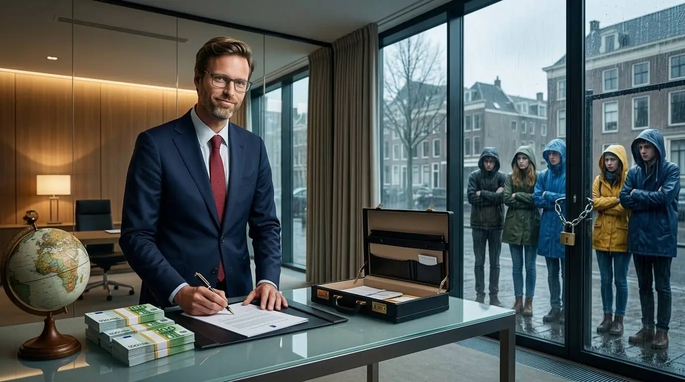 AI-illustratie van D66-minister Sjoerd Sjoerdsma ondertekent glimlachend subsidiedossiers naast stapels geld en een wereldbol, terwijl buiten in de regen Nederlandse studenten voor een afgesloten deur staan.