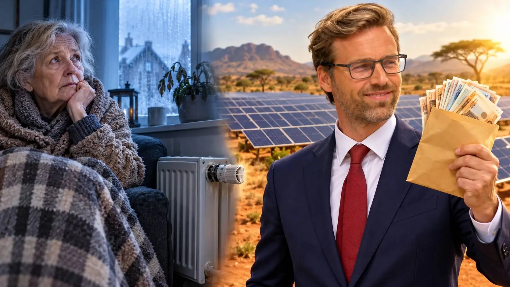 AI-illustratie van Sjoerd Sjoerdsma bij zonnepanelen in Afrika, tegenover een oudere vrouw in een koude woonkamer.