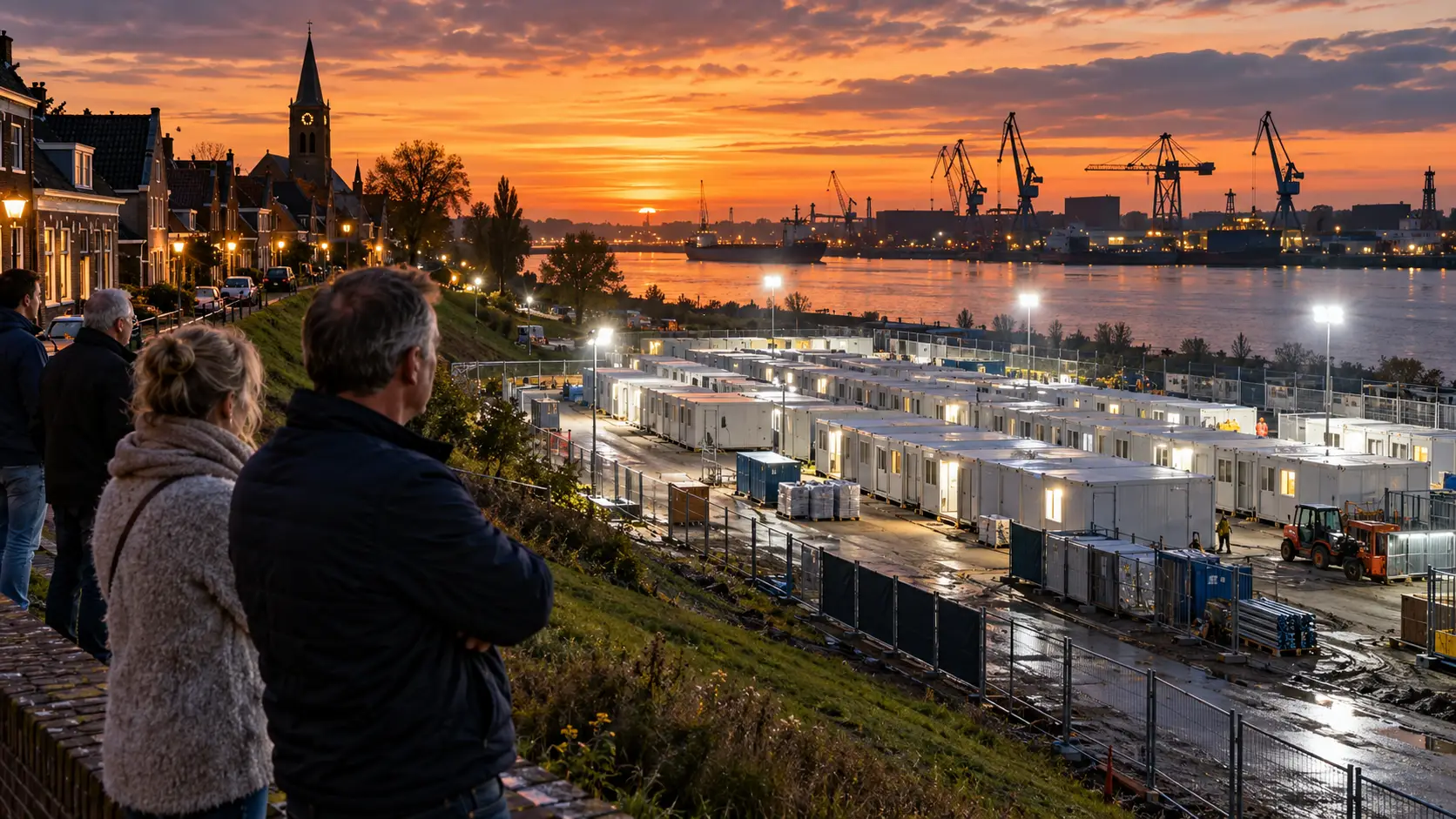 Bewoners op een dijk die uitkijken op rijen witte wooncontainers aan een rivier.