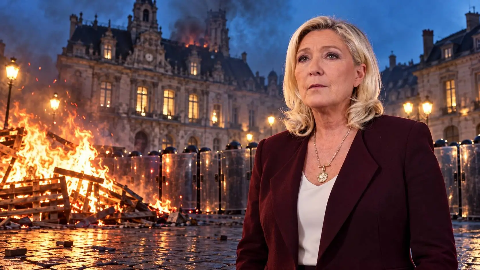 Illustratie van Marine Le Pen op een Frans plein, met achter haar een smeulend historisch stadhuis, een brandende palletbarricade en een rij oproerschilden.