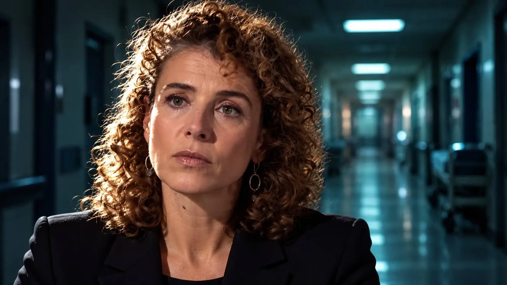 AI-illustratie van Sophie Hermans met een ernstige blik, met op de achtergrond een schemerige ziekenhuisgang.