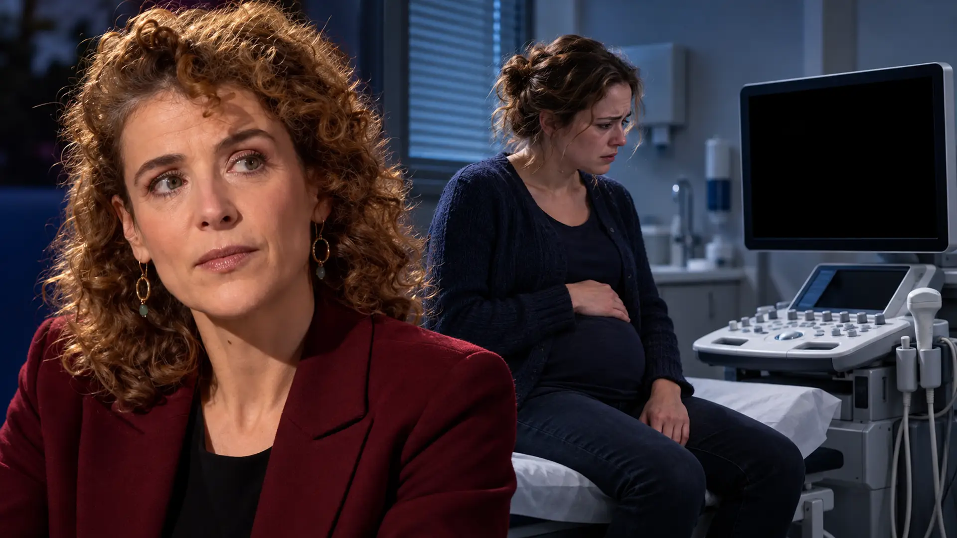 Illustratie van Sophie Hermans naast een bezorgde zwangere vrouw bij een echoapparaat met een zwart scherm.