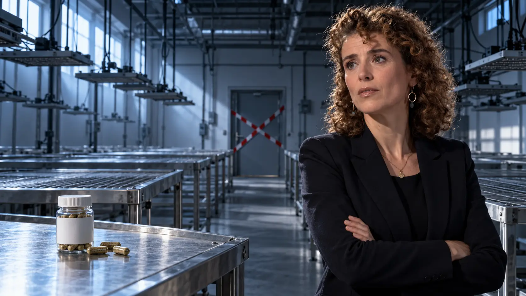Illustratie van Sophie Hermans in een lege kweekhal met uitgeschakelde groeilampen, een verzegelde deur en een medicijnpotje op de voorgrond.