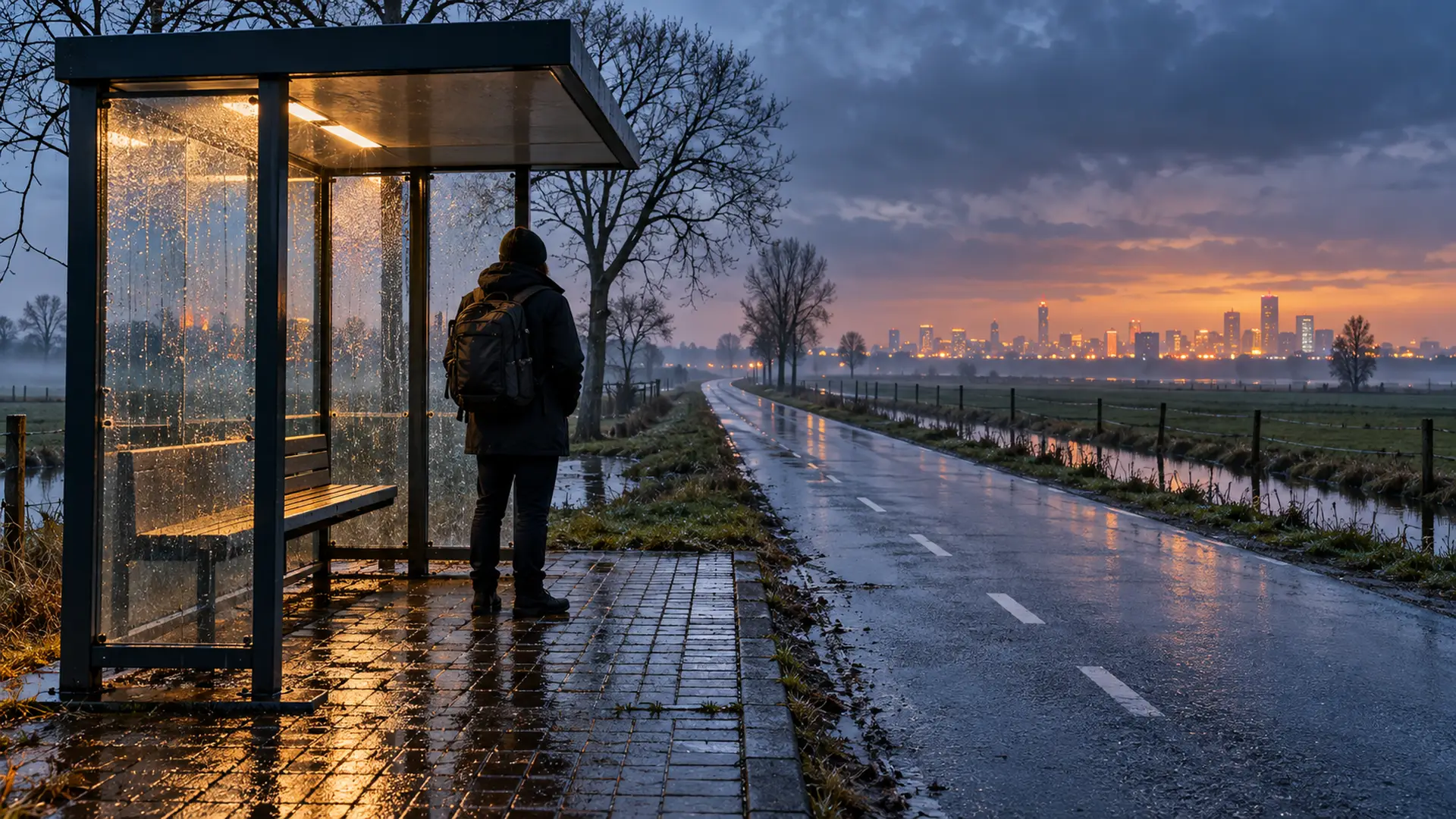 Eenzame reiziger bij lege bushalte op het platteland, verlichte stad in de verte: staking streekvervoer