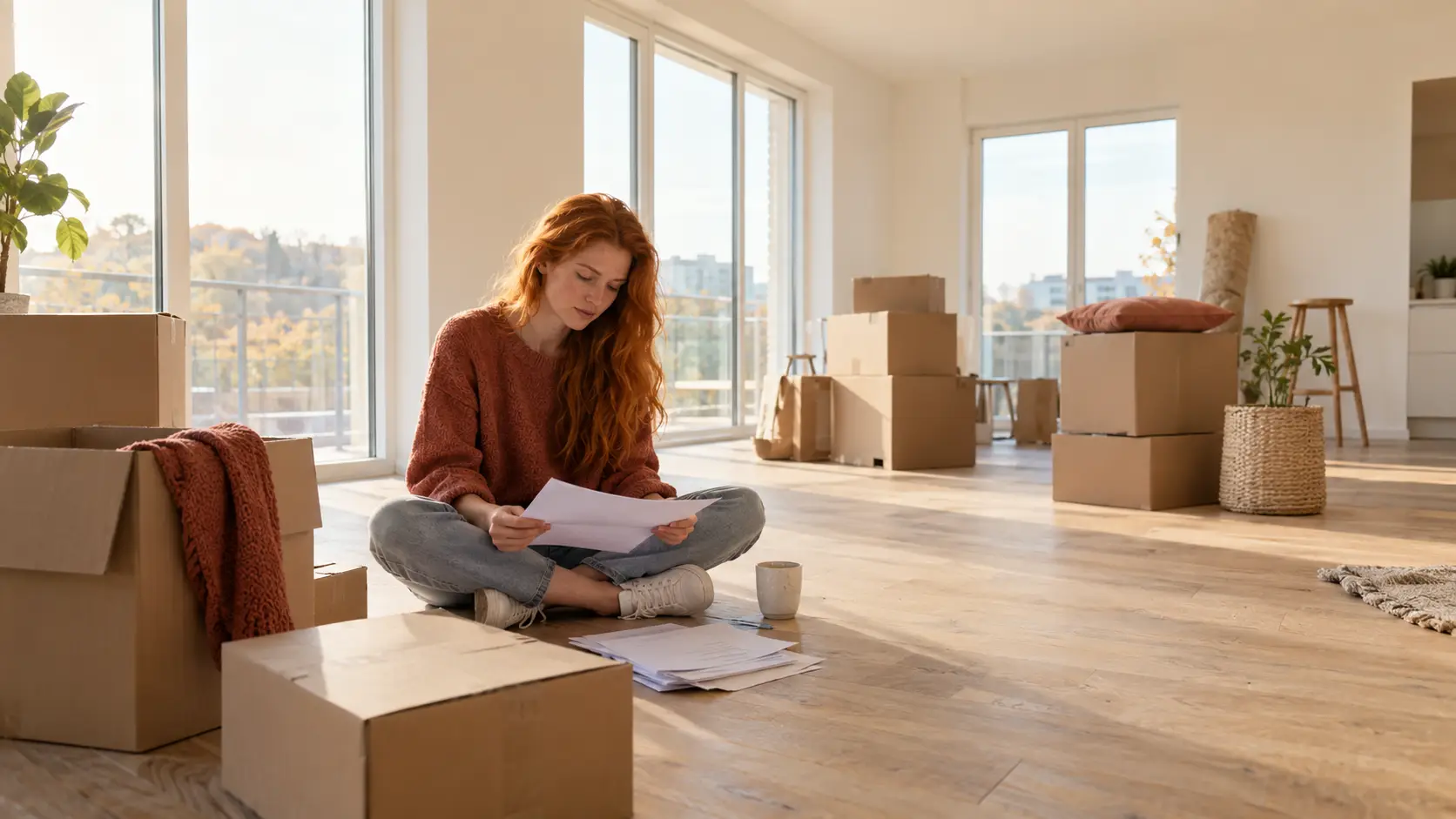 Jonge vrouw met lang rood haar zit op de vloer van een lege nieuwbouwwoning tussen verhuisdozen en bekijkt een stapel papieren