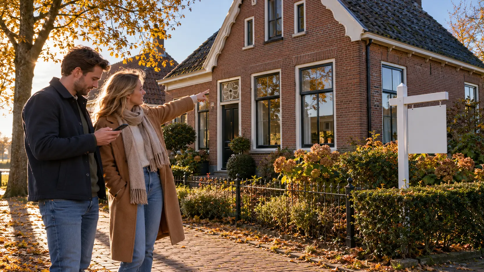Stel van in de dertig staat voor een bakstenen huis dat te koop staat en bekijkt het samen