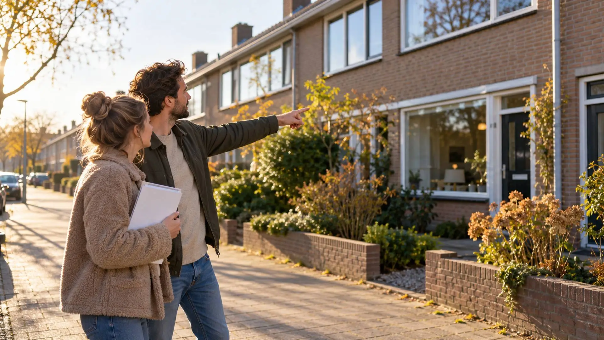 Stel van rond de 30 op de stoep voor een rij jarenzeventigwoningen, de man wijst naar een van de huizen