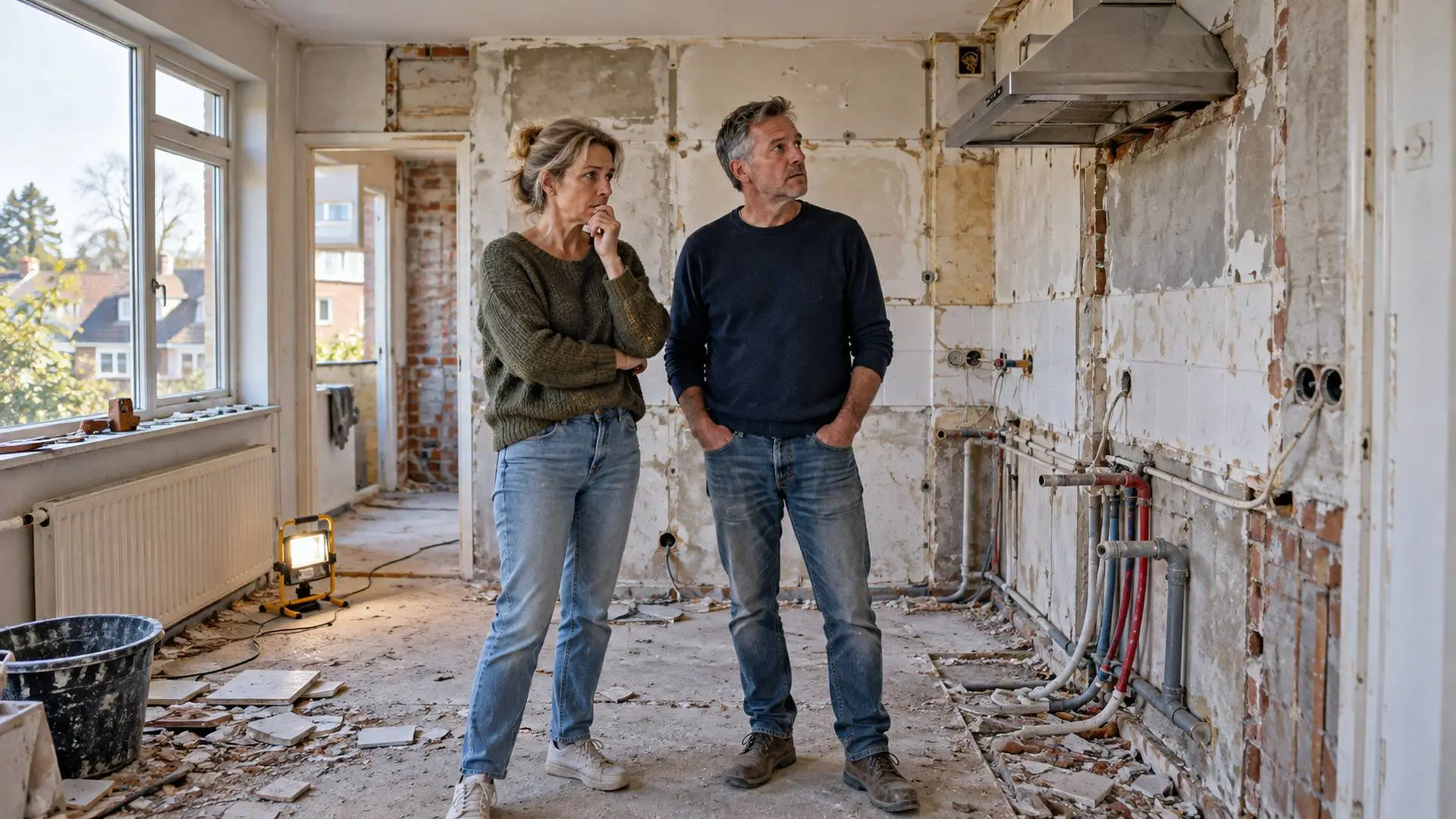 Stel van rond de vijftig staat in een gesloopte keuken met losgetrokken leidingen, puin op de vloer en een bouwlamp