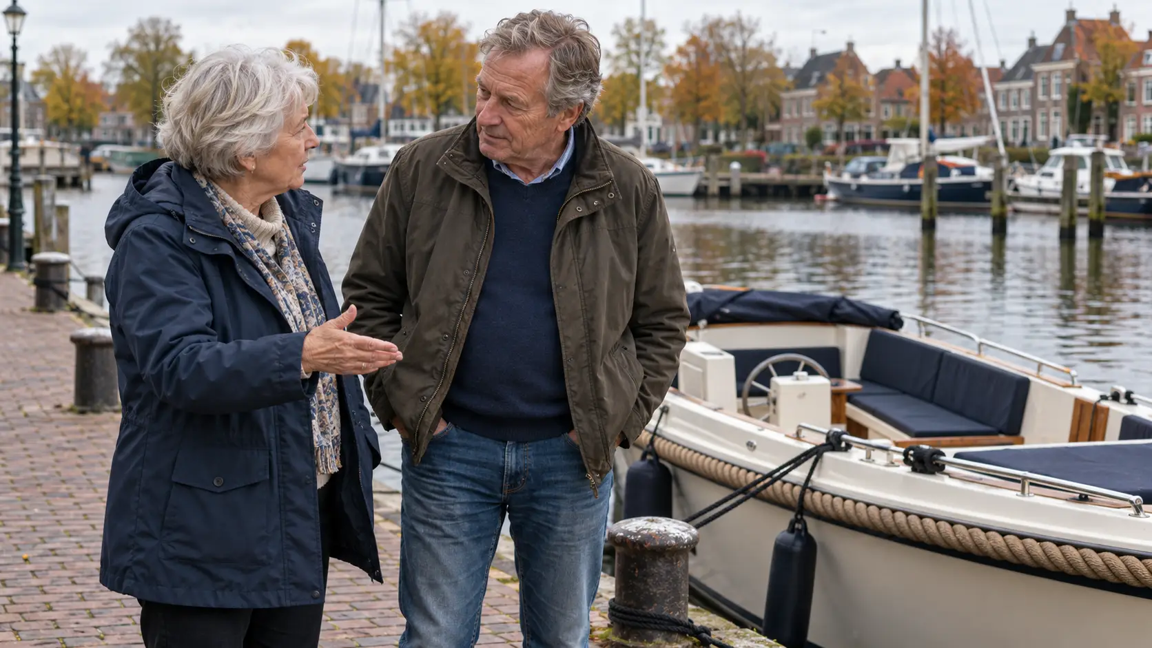 Stel van rond de zeventig overlegt op de kade naast hun aangemeerde sloep in een Nederlandse haven.