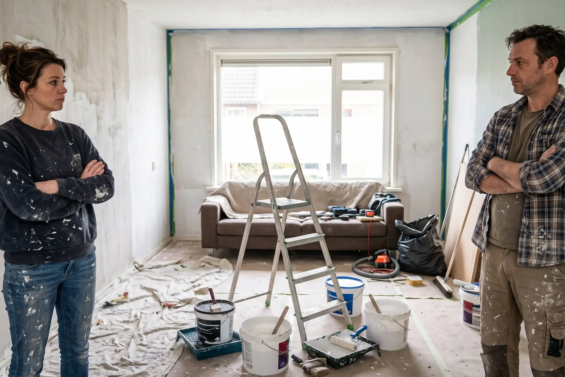 Man en vrouw van rond de veertig met de armen over elkaar in een half verbouwde woonkamer met verfemmers en een trapje