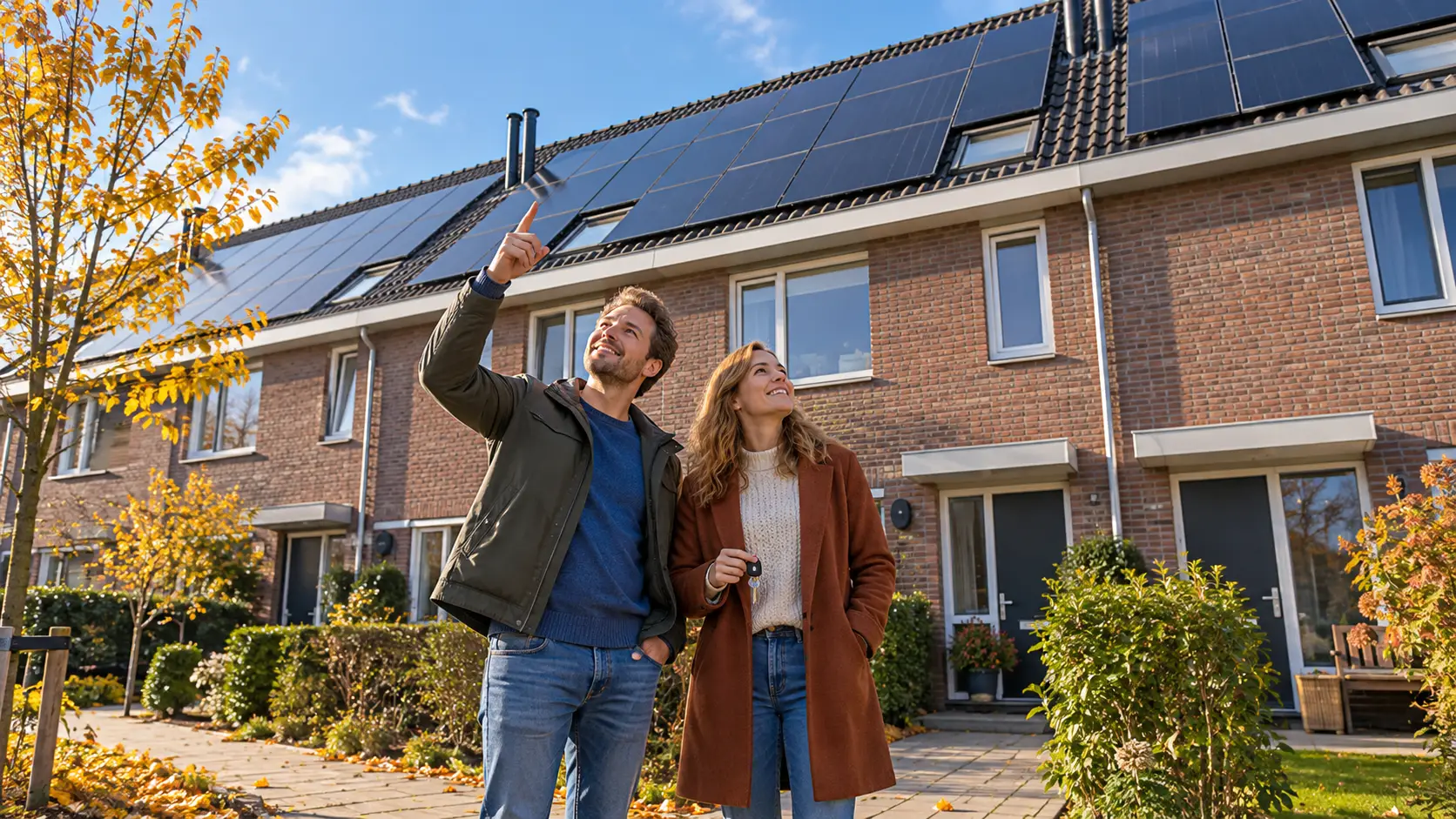 Stel bekijkt de zonnepanelen op het dak van hun rijtjeshuurwoning; de man wijst omhoog en de vrouw houdt een fietssleutel vast.
