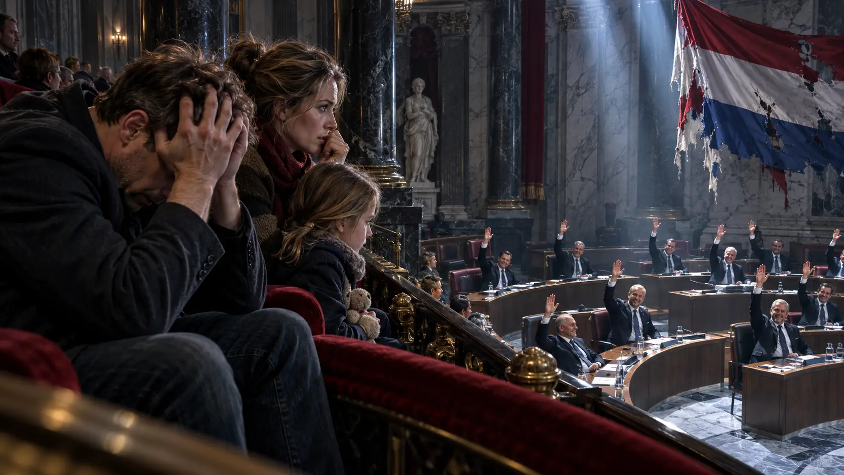 Cinematografische illustratie van protesterende burgers op de tribune terwijl het partijkartel vóór meer asielopvang stemt.