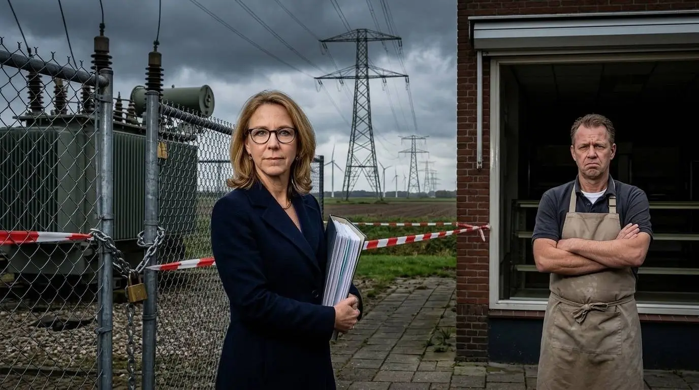 AI-illustratie van D66-minister Stientje van Veldhoven met een beleidsdossier voor een met ketting en hangslot afgesloten hoogspanningsstation, naast een mkb-bakker voor zijn donkere winkel.