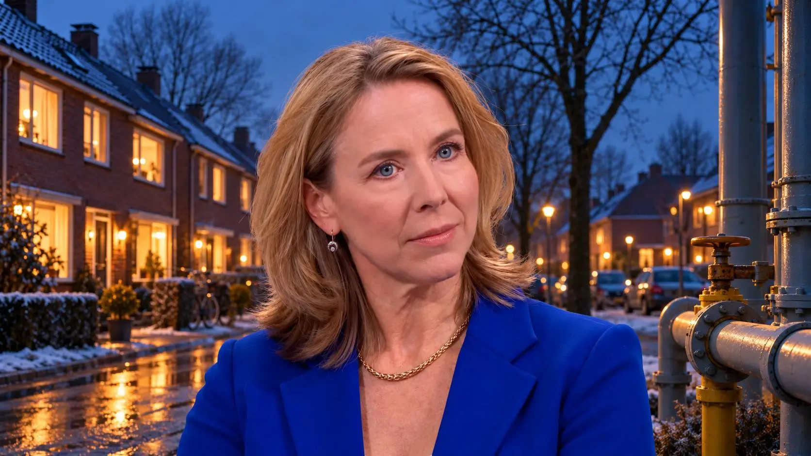 Fotomontage van Stientje van Veldhoven voor een winterse Nederlandse woonwijk met warm verlichte ramen en gasleidingen rechts.
