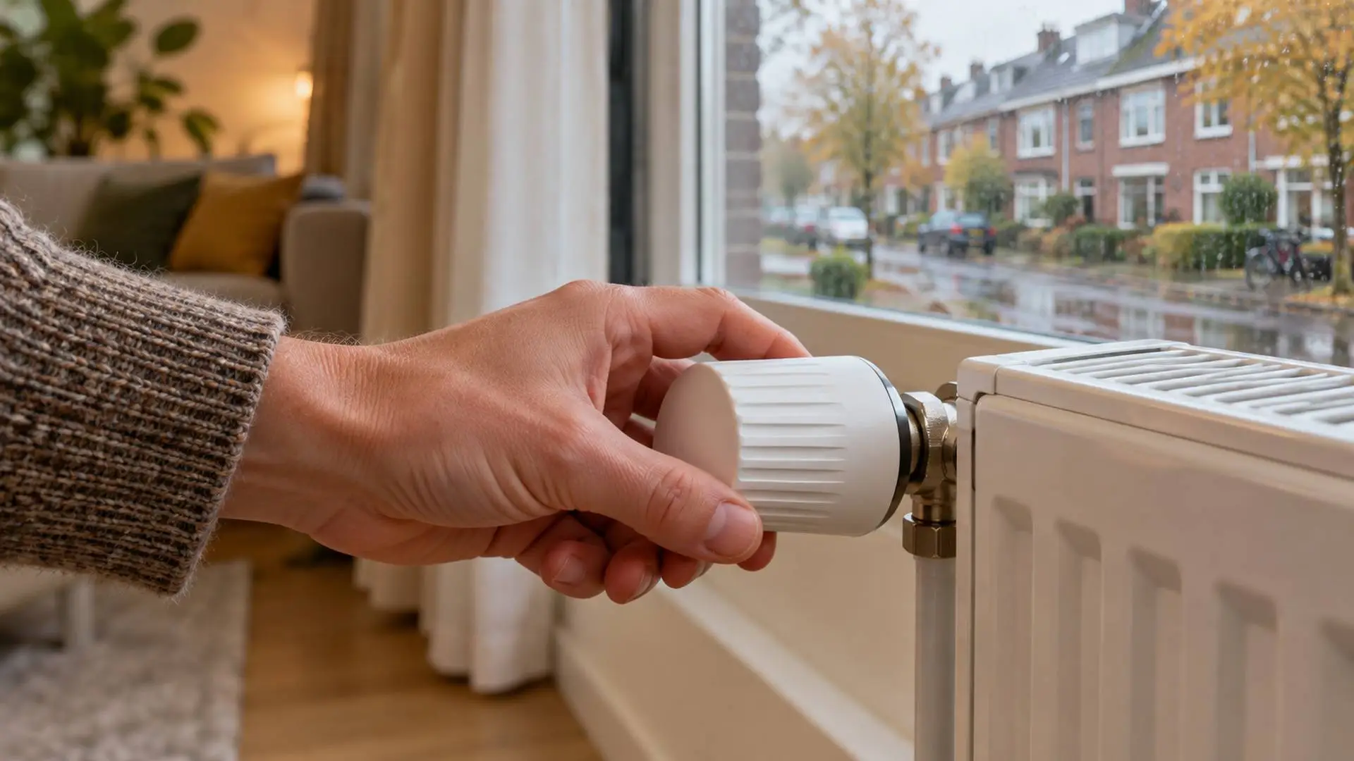Hand draait aan de thermostaatknop van een radiator in een woonkamer.