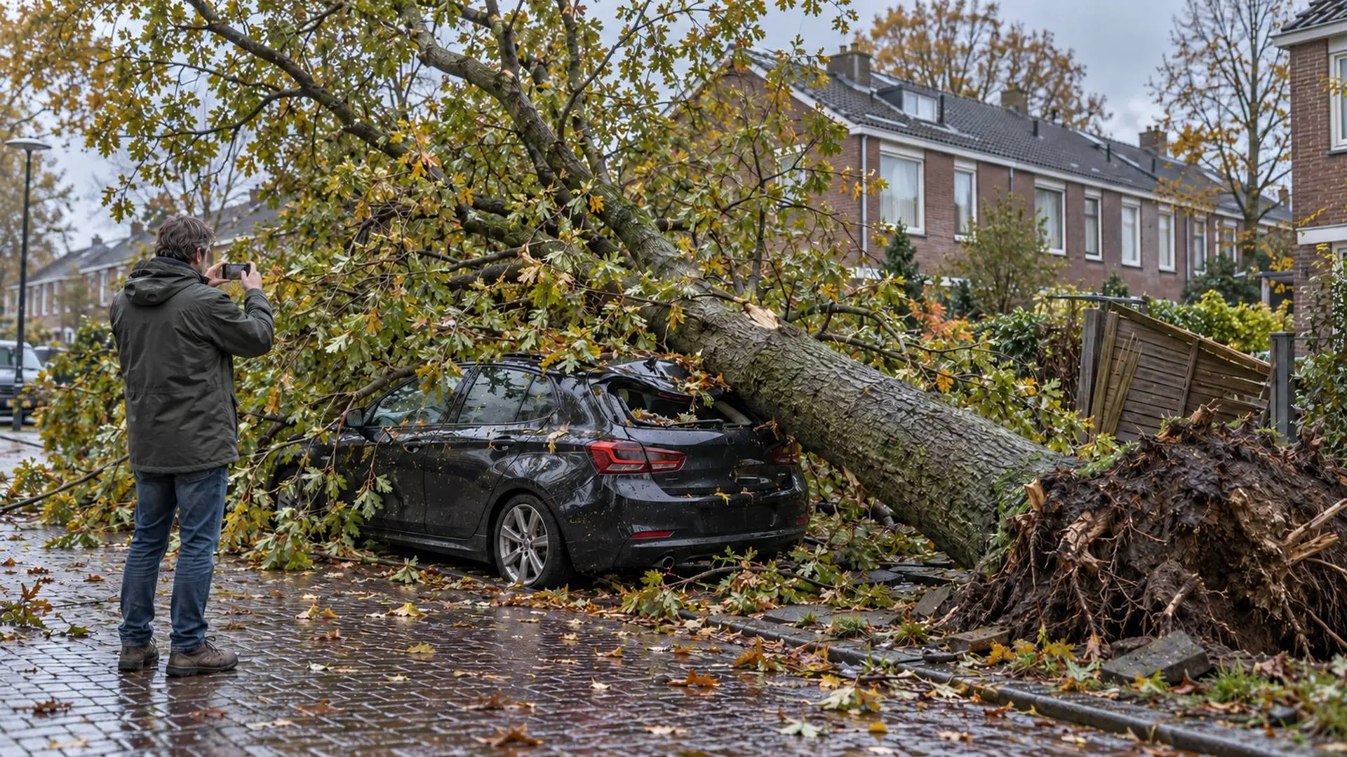 Omgewaaide boom ligt op het dak van een geparkeerde auto in een woonstraat na een herfststorm.