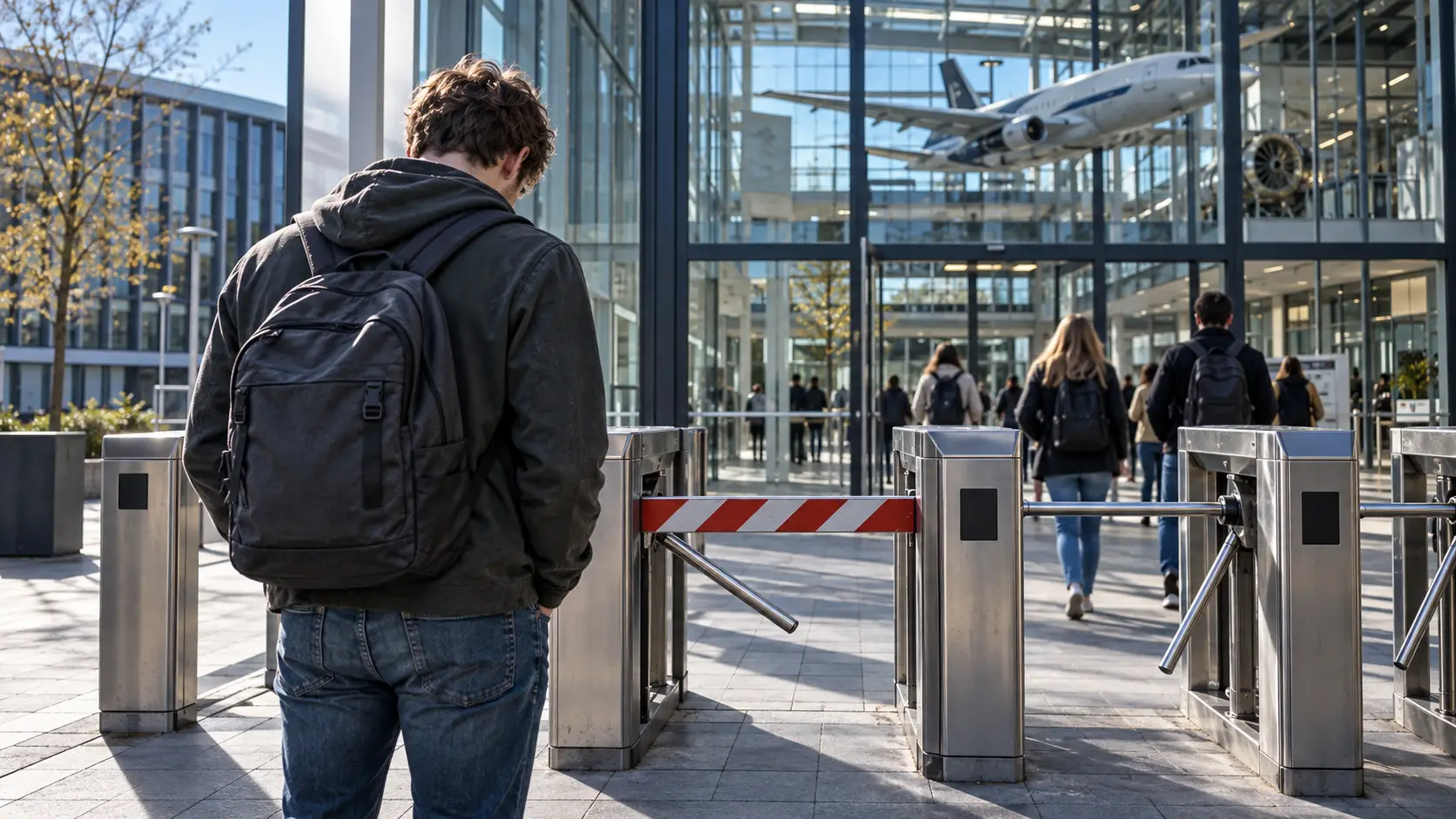 Jonge man met rugzak voor een afgesloten draaihek bij een modern universiteitsgebouw, terwijl anderen naar binnen gaan.