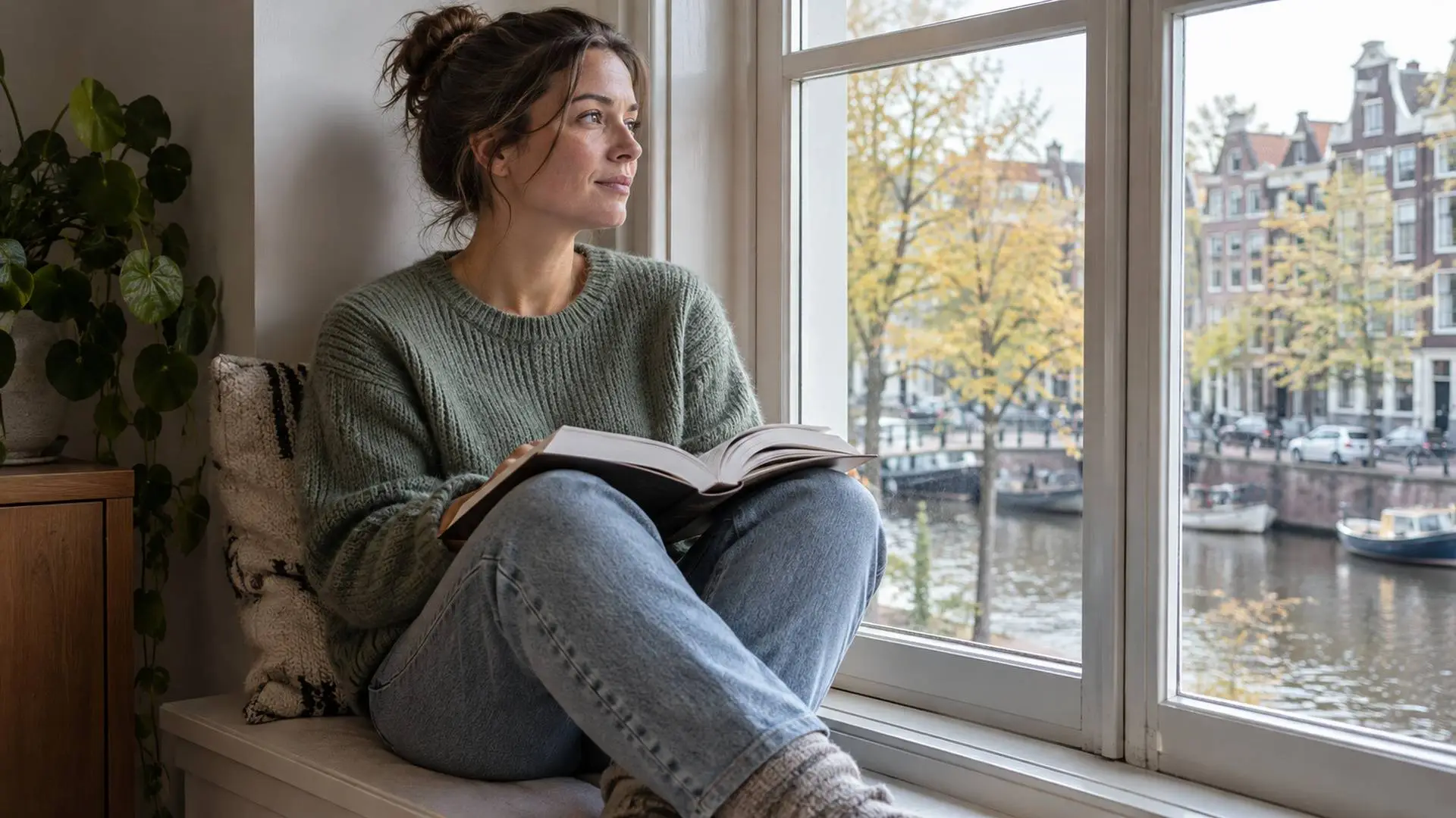 Een vrouw met een studieboek op haar schoot bij een raam.