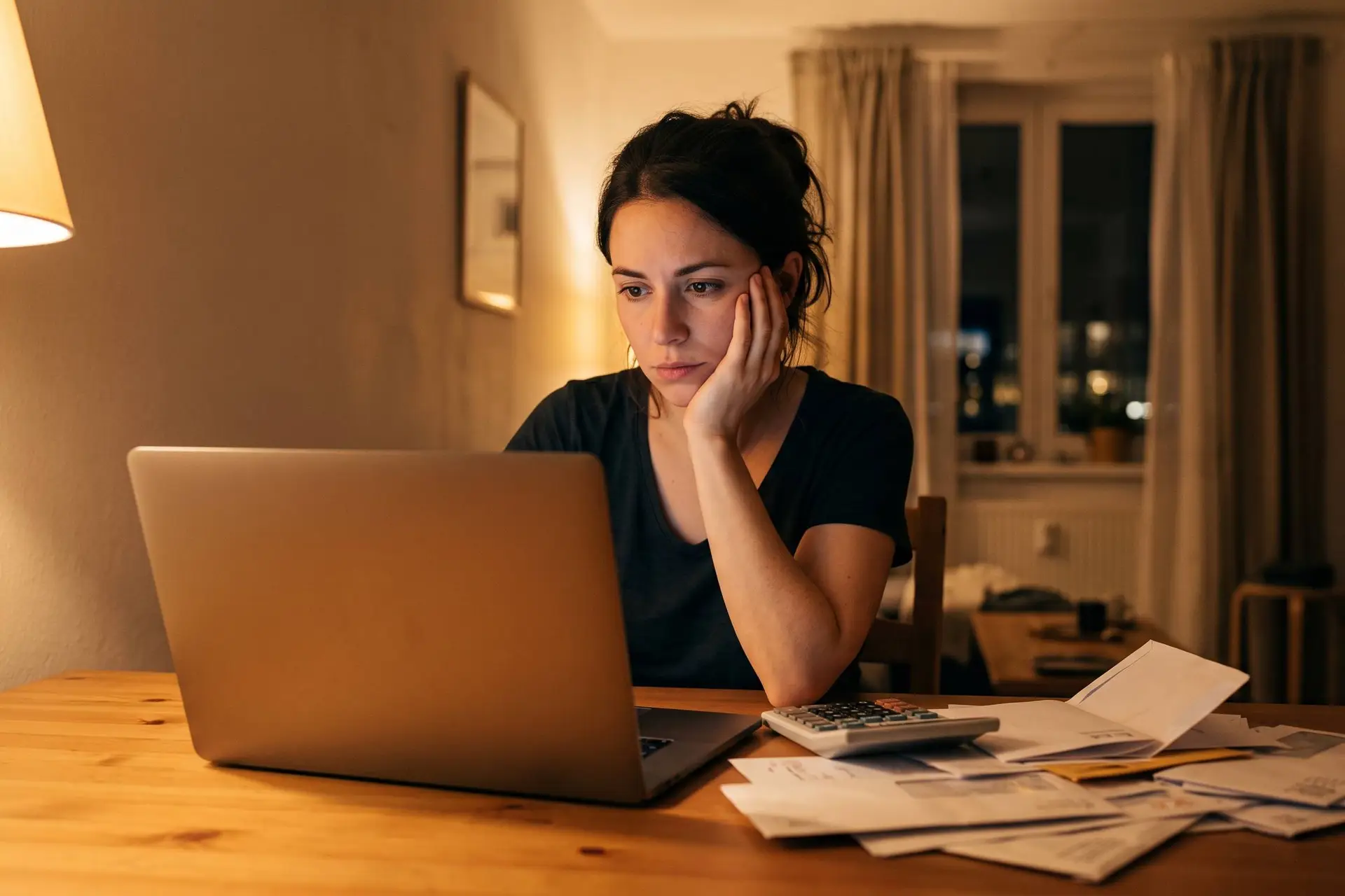 Jonge vrouw zit met laptop, rekenmachine en brieven aan tafel en rekent haar studieschuld na