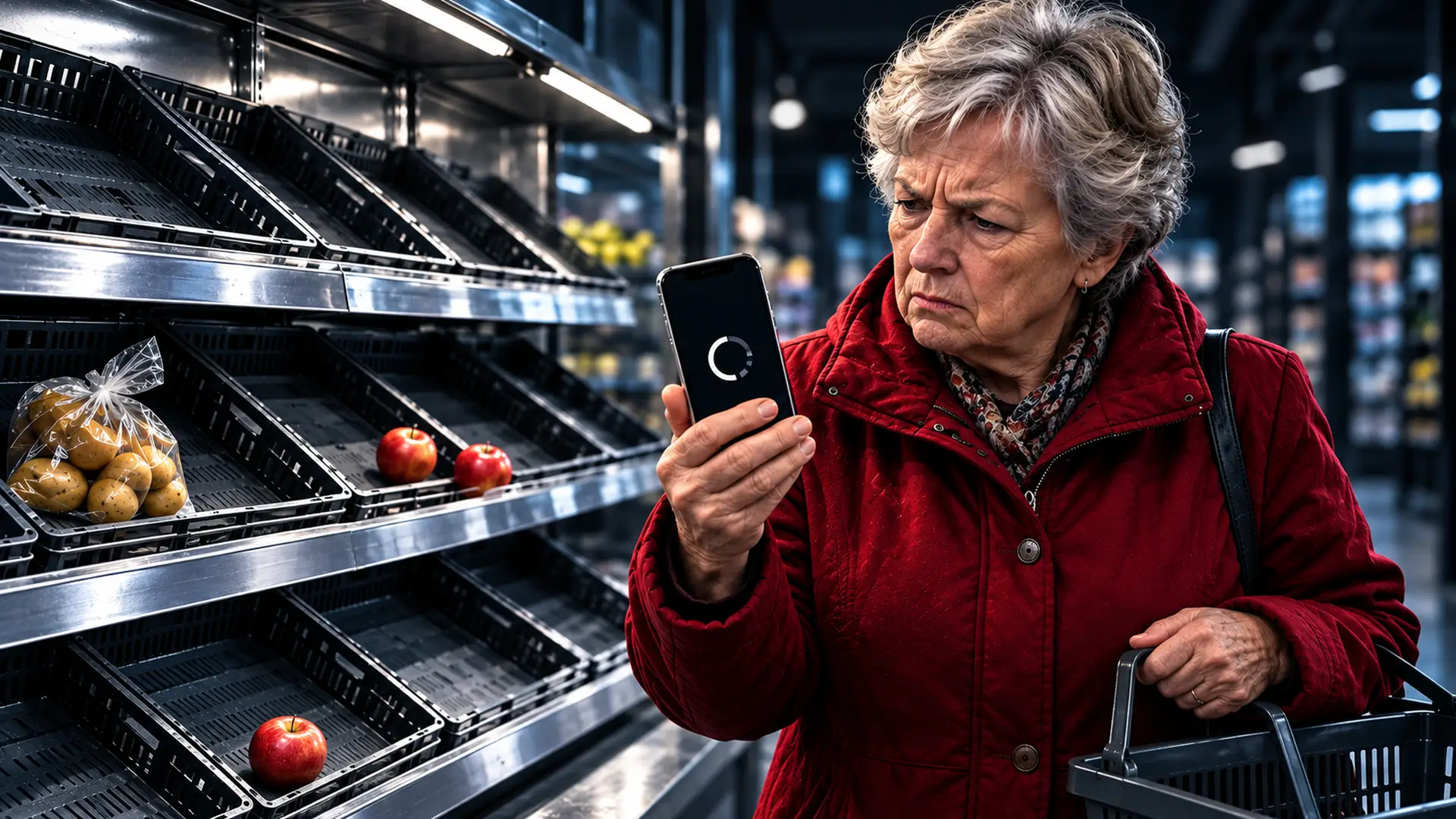 Oudere vrouw met een boodschappenmand kijkt geërgerd naar een laadicoon op haar telefoon, naast een bijna leeg groenteschap.