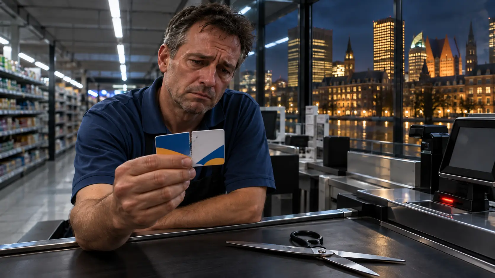 Supermarktmedewerker bij een lege kassa met een doorgeknipte personeelspas: kabinet schrapt belastingvrije personeelskorting