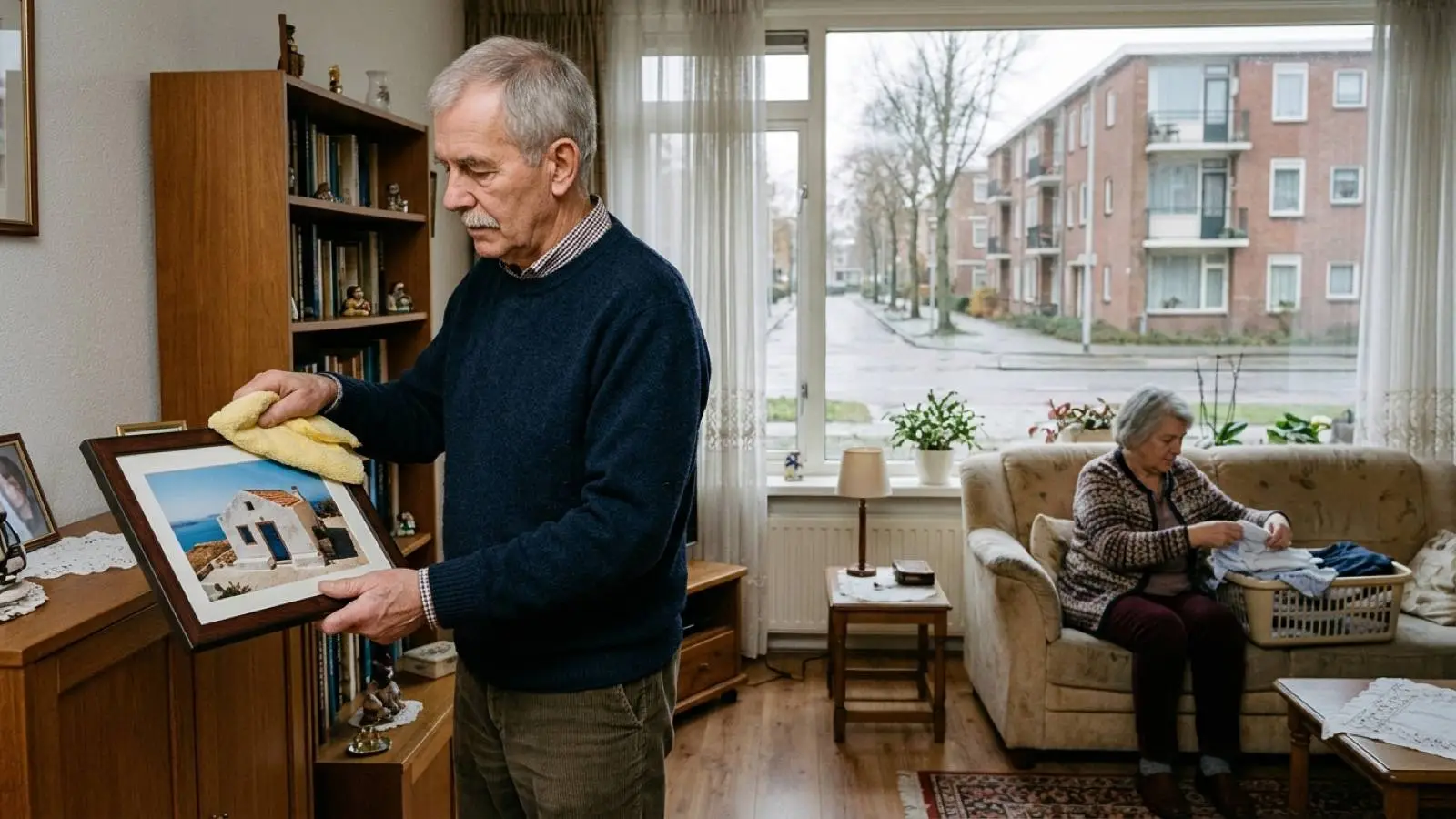 Oudere man met snor stoft een ingelijste foto van een wit huis af terwijl zijn vrouw op de bank de was opvouwt.
