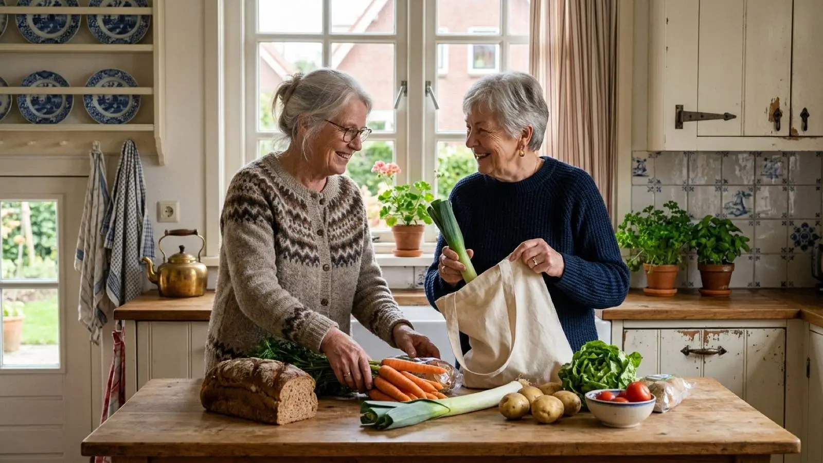 Twee oudere Nederlandse vrouwen die samen verse boodschappen uitpakken in een keuken