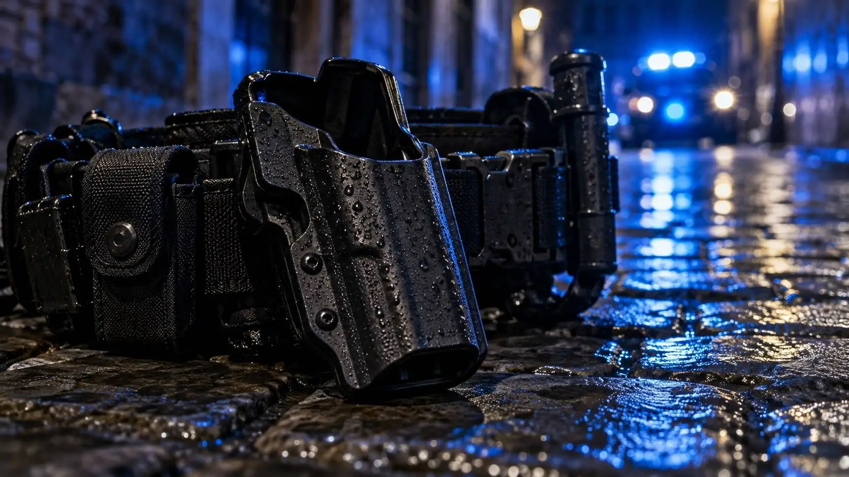 Dienstriem met een lege holster op een natte straat bij nacht, met blauw zwaailicht op de achtergrond