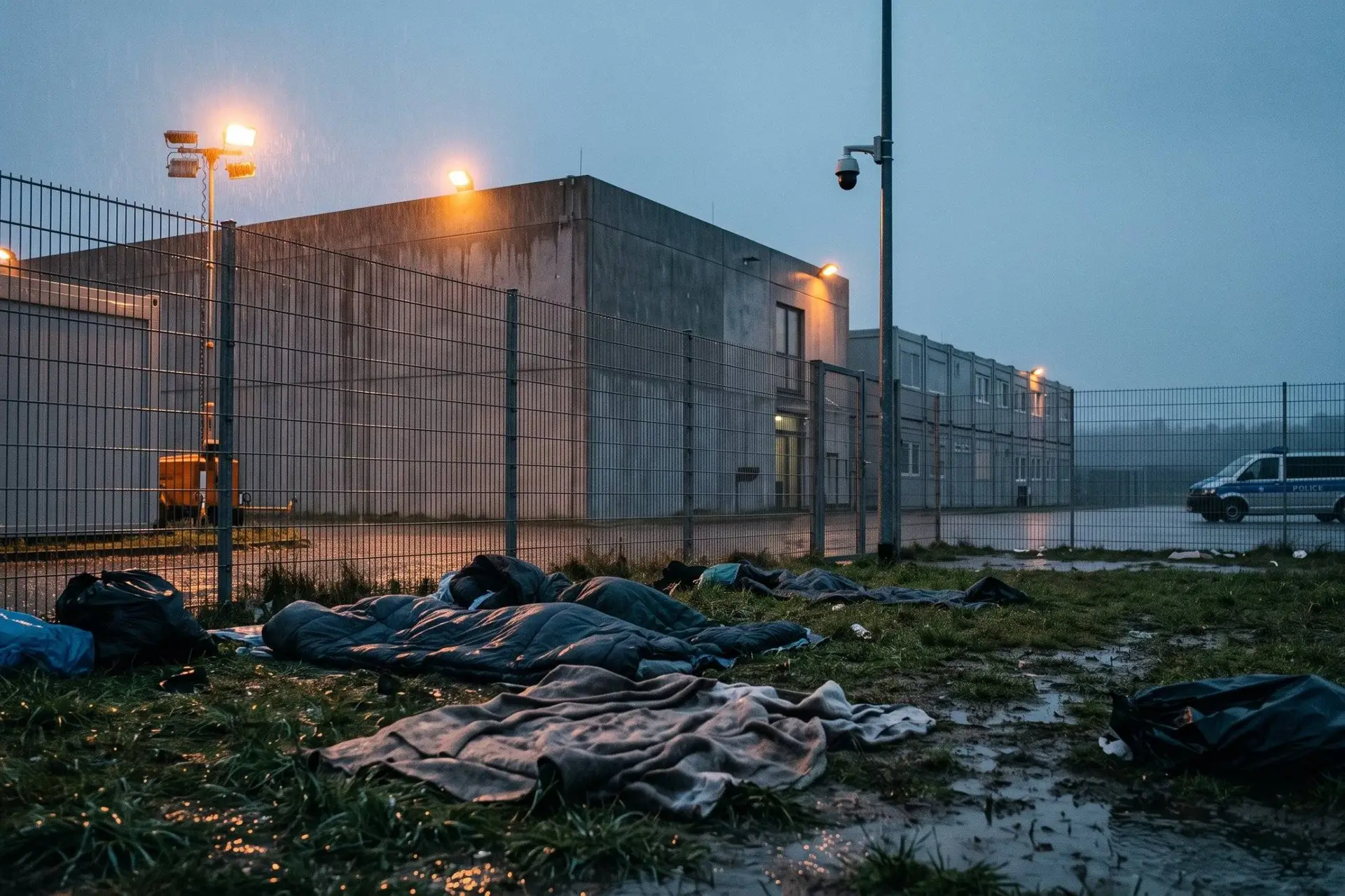 Doorweekte slaapzakken op het natte gras voor het hek van een aanmeldcentrum, op een grauwe regenachtige ochtend